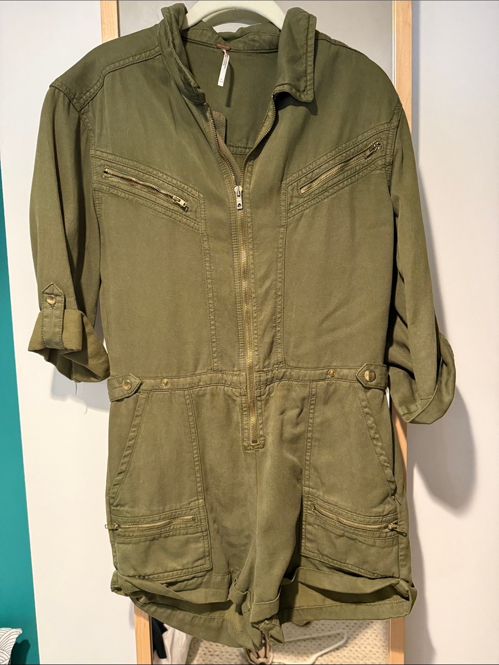 Free People Olive Green Utility Romper with Zip Front